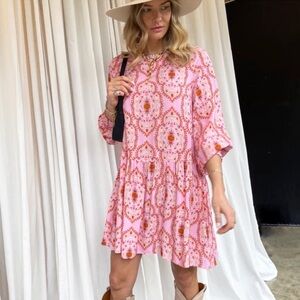 Never Fully Dressed Florence Pink Floral Print Long Sleeve Mini Dress Size 6